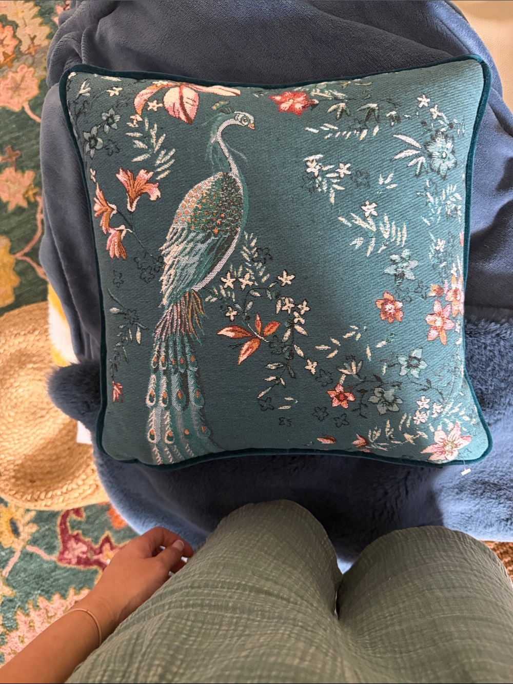 Embroidered Peacock Teal Accent Pillow - Elegant Floral Design